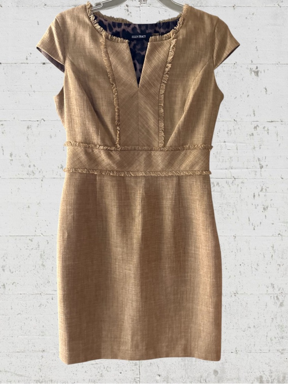 Ellen Tracy Fringe-Trim Sheath Midi Dress Size 6 Tan